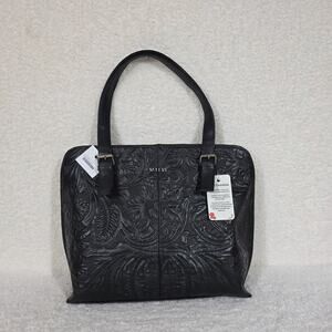 Black Floral Embossed Leather Tote Bag Made in Mexico
